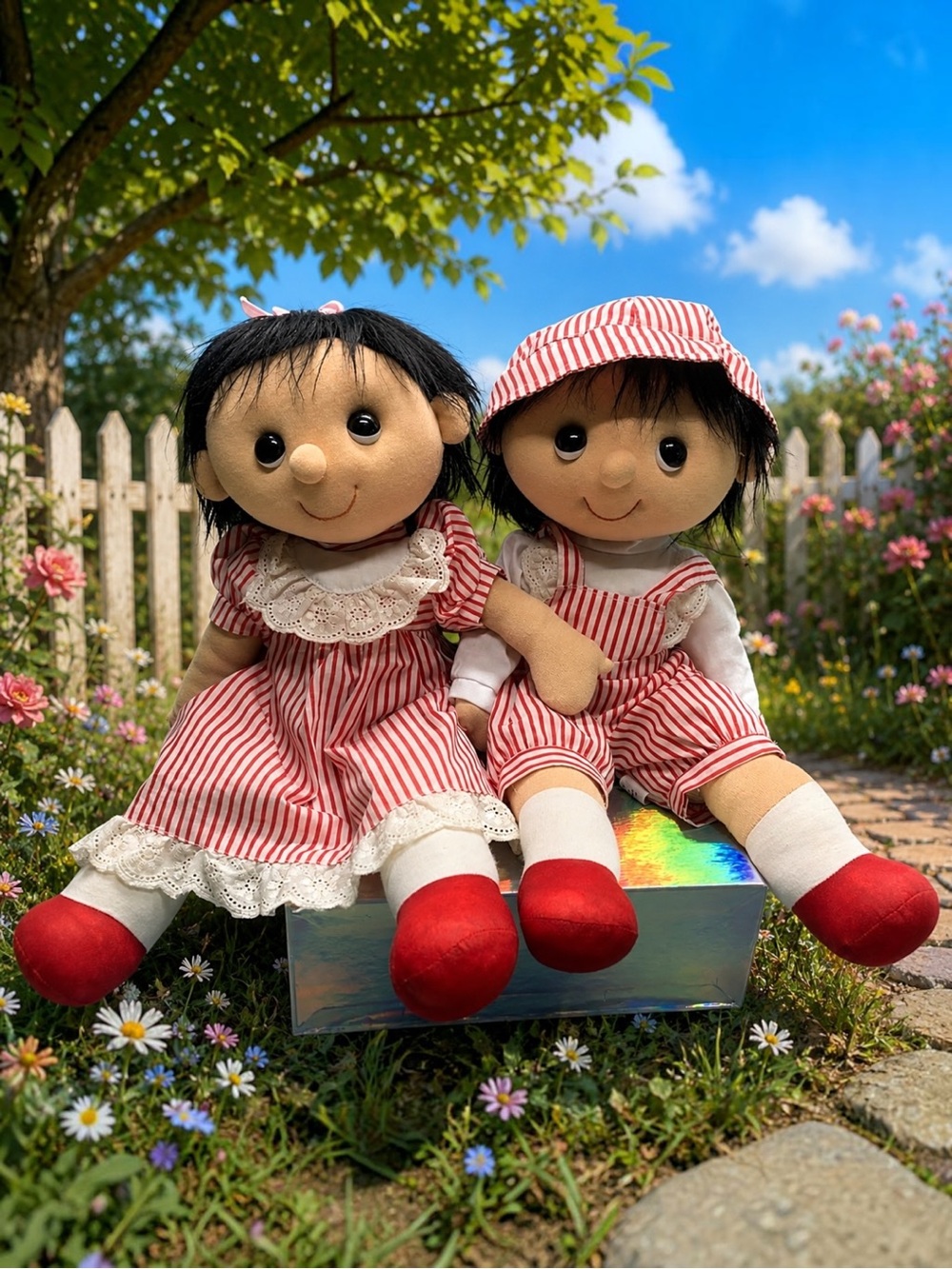 Vtg Playful Pals Rag Dolls Boy Girl Set 18” Mervyn’s Korea Red White Strip RARE